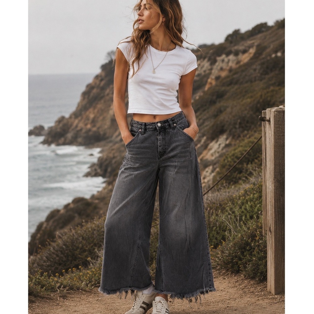 Free People We The Free Old West Slouchy Jeans Womens 26 Black‎ Wide Leg Raw Hem